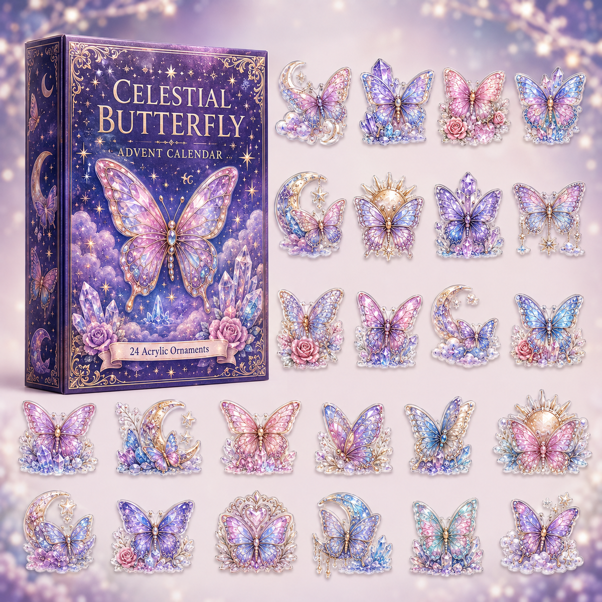 CHRISTMAS KICKOFF 40% OFF - Celestial Butterfly Advent Calendar 2026 - 24-Day Festive Countdown, Acrylic Charms Blind Box - Gift For Aminal Lovers