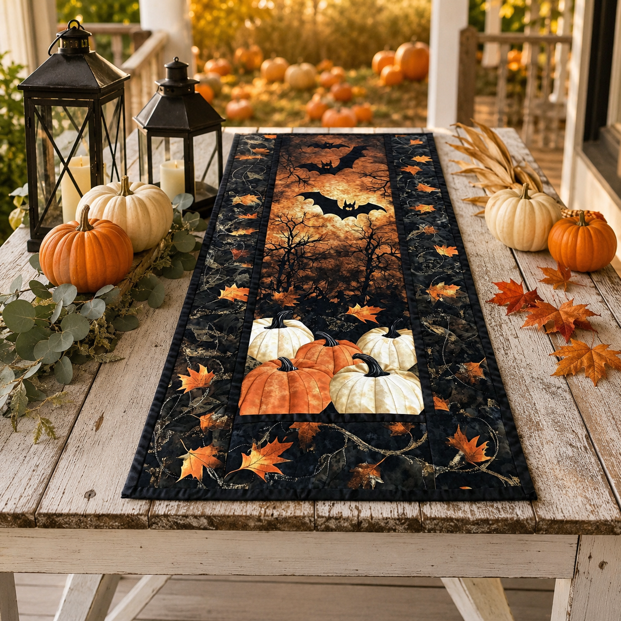 White Orange Pumpkins and Flying Bats Halloween Quilted Table Runner