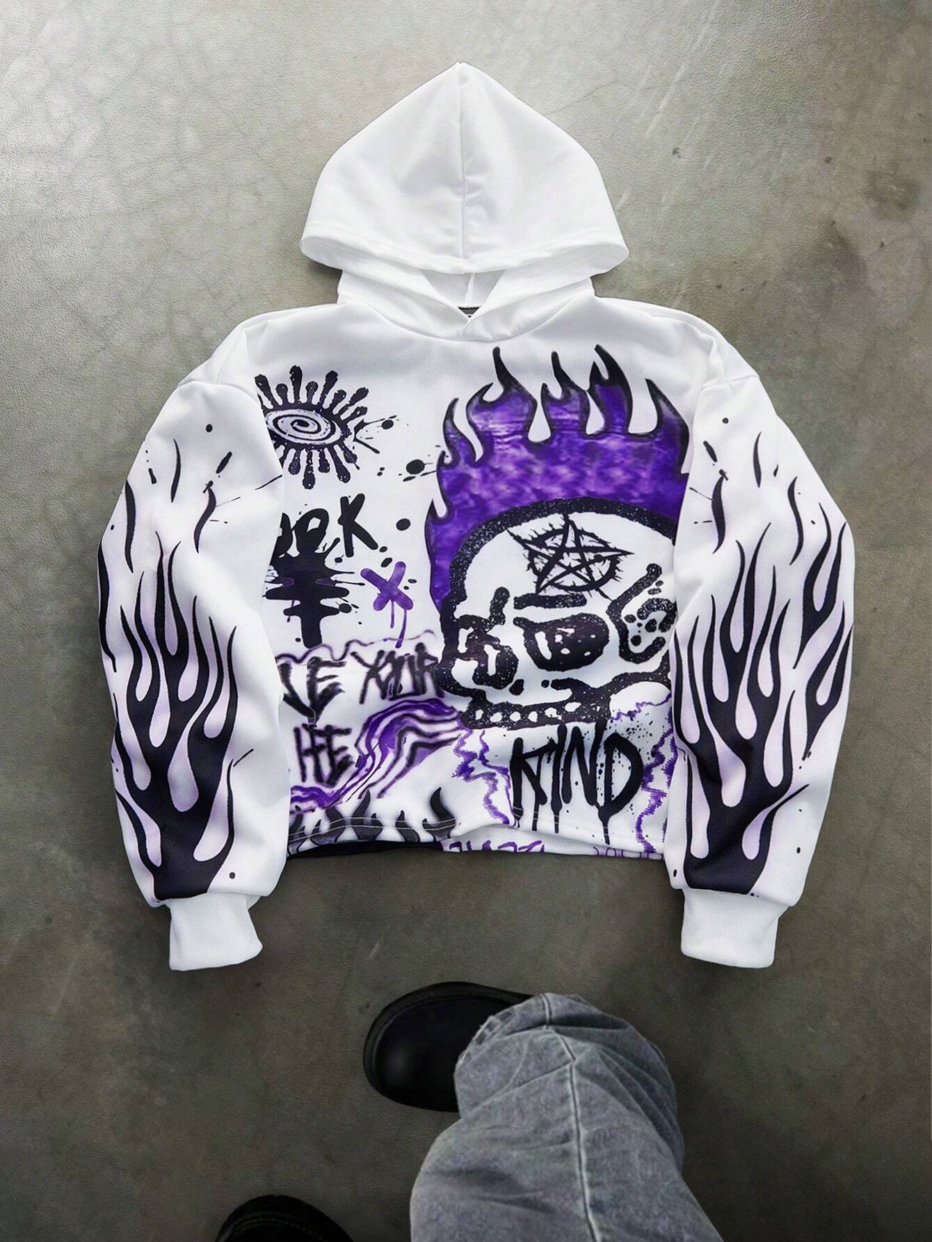 White Skull Flame Graphic Hoodie