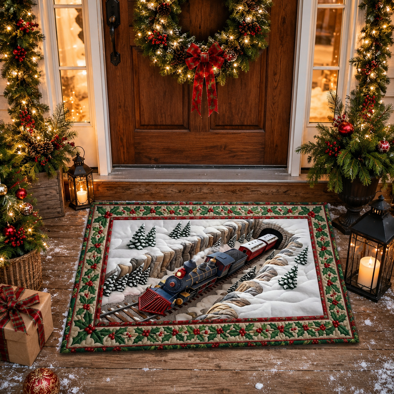 Winter Train Canyon Holly Border Christmas Gate Doormat