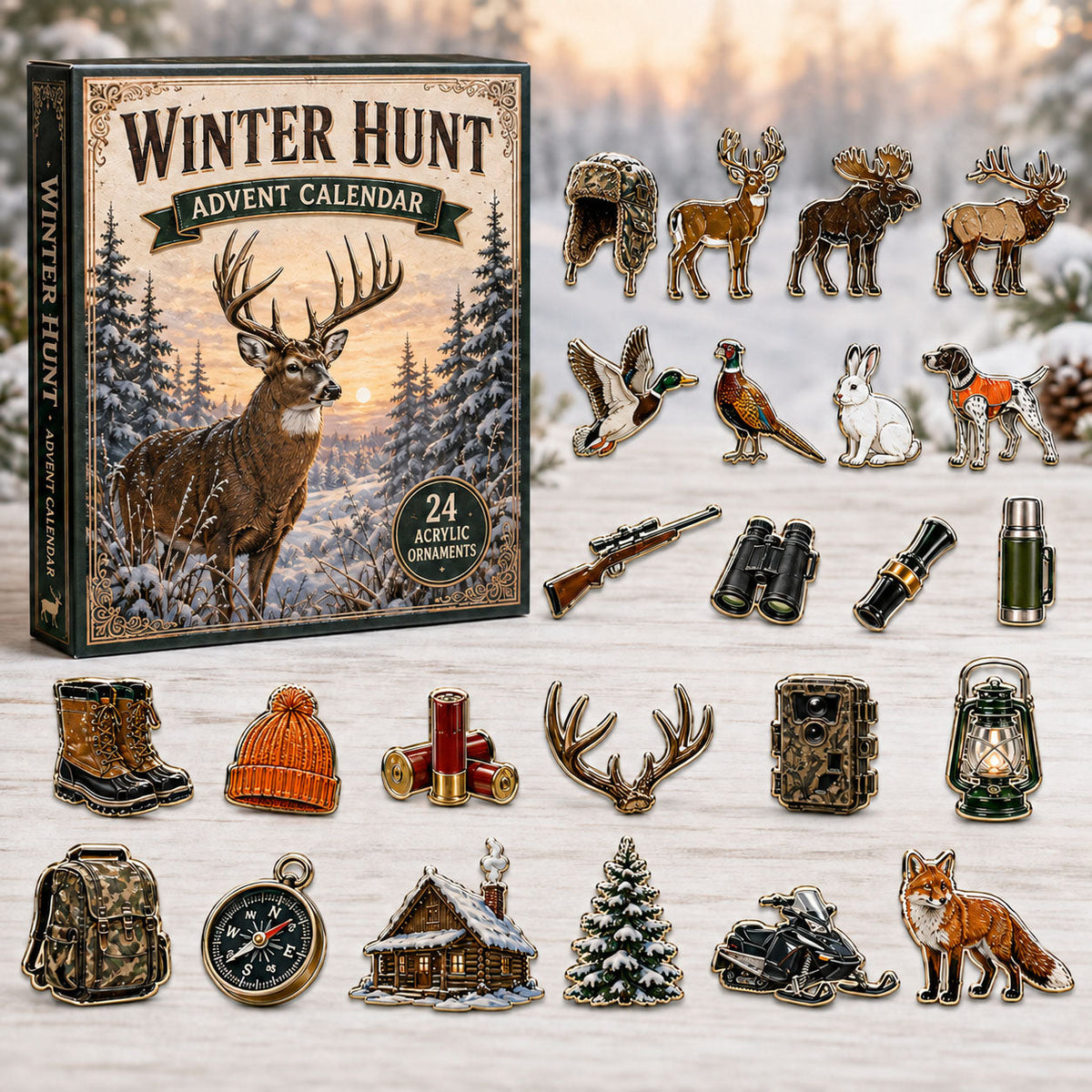 CHRISTMAS KICKOFF 40% OFF - Winter Hunt Season Advent Calendar 2026 - 24-Day Festive Countdown, Acrylic Charms Blind Box - Gift For Hunting Lovers