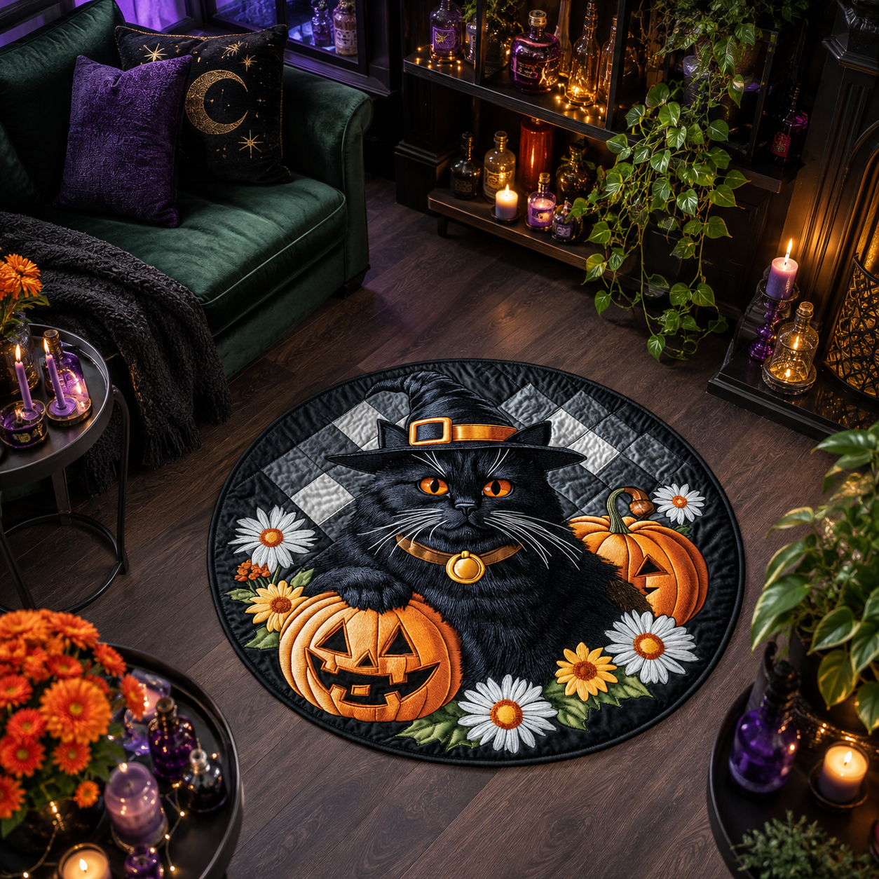 Witch Black Cat Checkered Pumpkin Halloween Quilt Round Rug