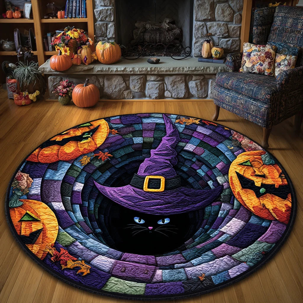 Witch Cat Pumpkin 3D Optical Halloween Quilt Round Rug