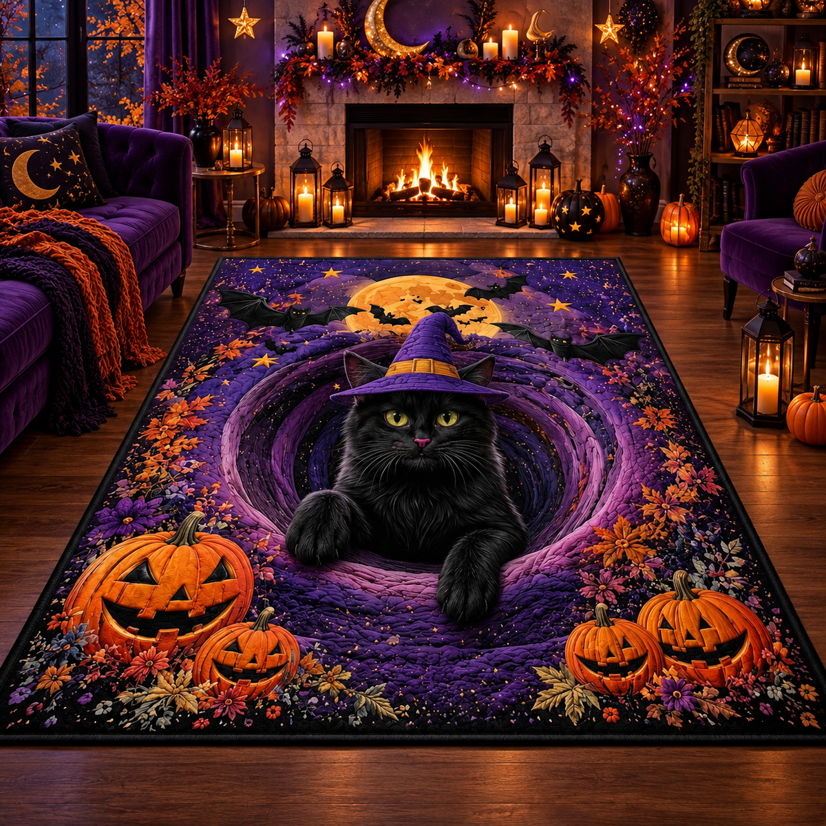 Witch Cat Pumpkin Halloween Area Rug
