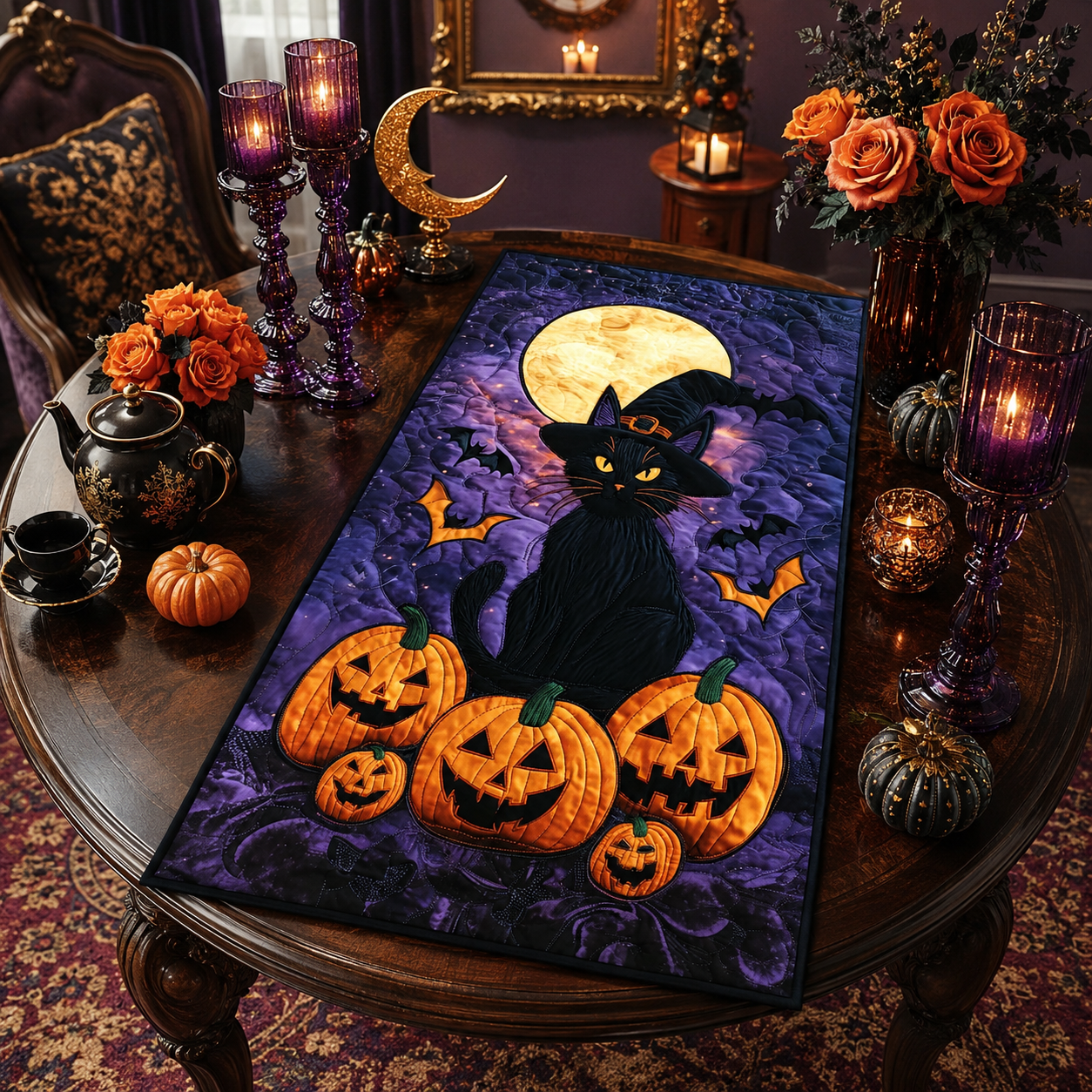 Witch Cat and Jack-O'-Lantern Halloween Quilted Table Runner