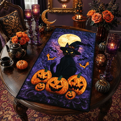 Witch Cat and Jack-O'-Lantern Halloween Quilted Table Runner