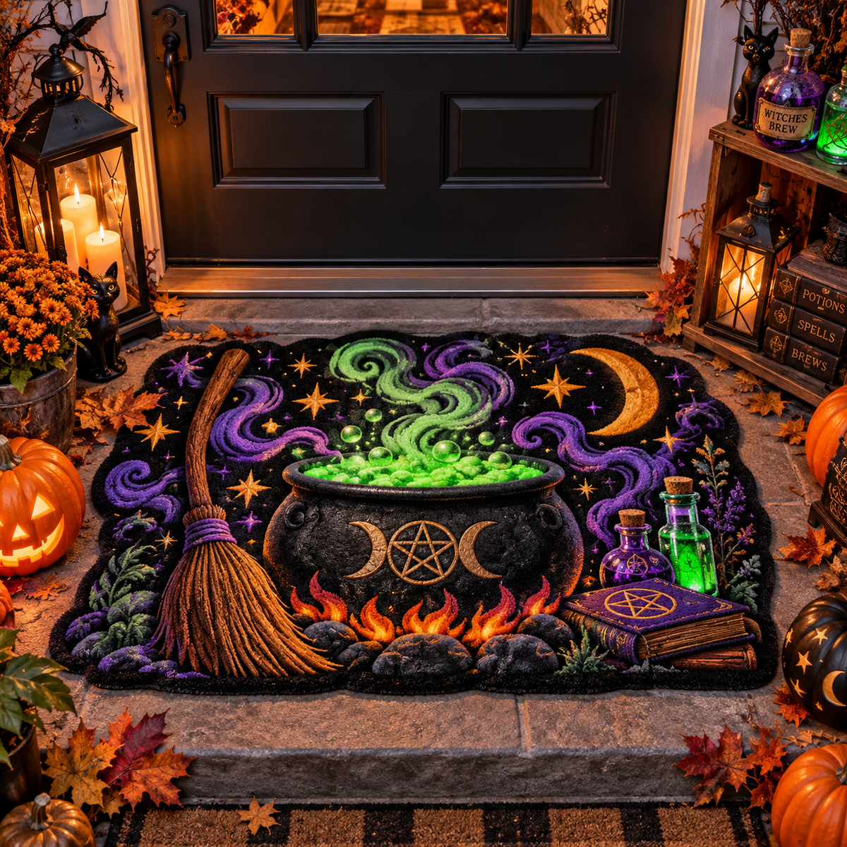 Witch Cauldron Broomstick Halloween Doormat Outdoor Entrance Floor Rug