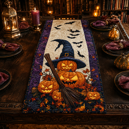 Witch Hat Pumpkin Broom Bats Halloween Quilted Table Runner