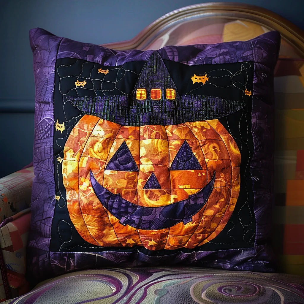 Witch Hat Pumpkin Halloween Quilted Pillow Case