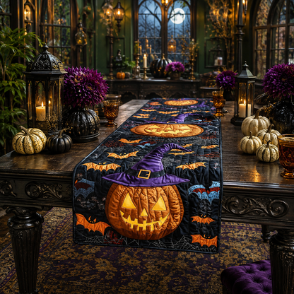Witch Hat Pumpkin & Bats Halloween Quilted Table Runner