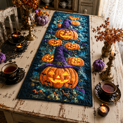 Witch Hat Pumpkin & Teal Spooky Night Halloween Quilted Table Runner