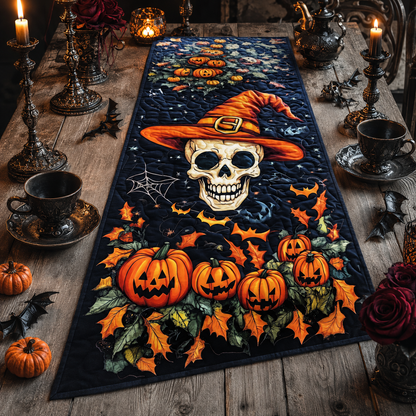 Witch Hat Skull & Pumpkins Halloween Quilted Table Runner