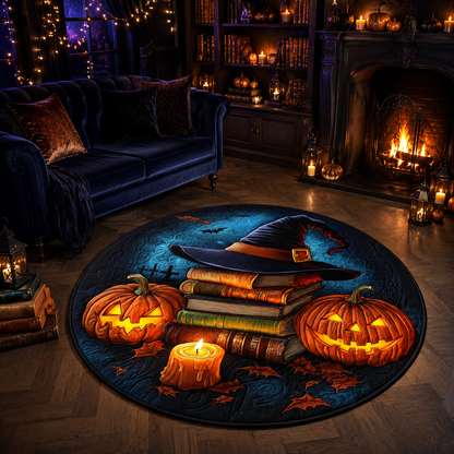 Witch Hat Spell Books Pumpkins Candle Halloween Quilt Round Rug