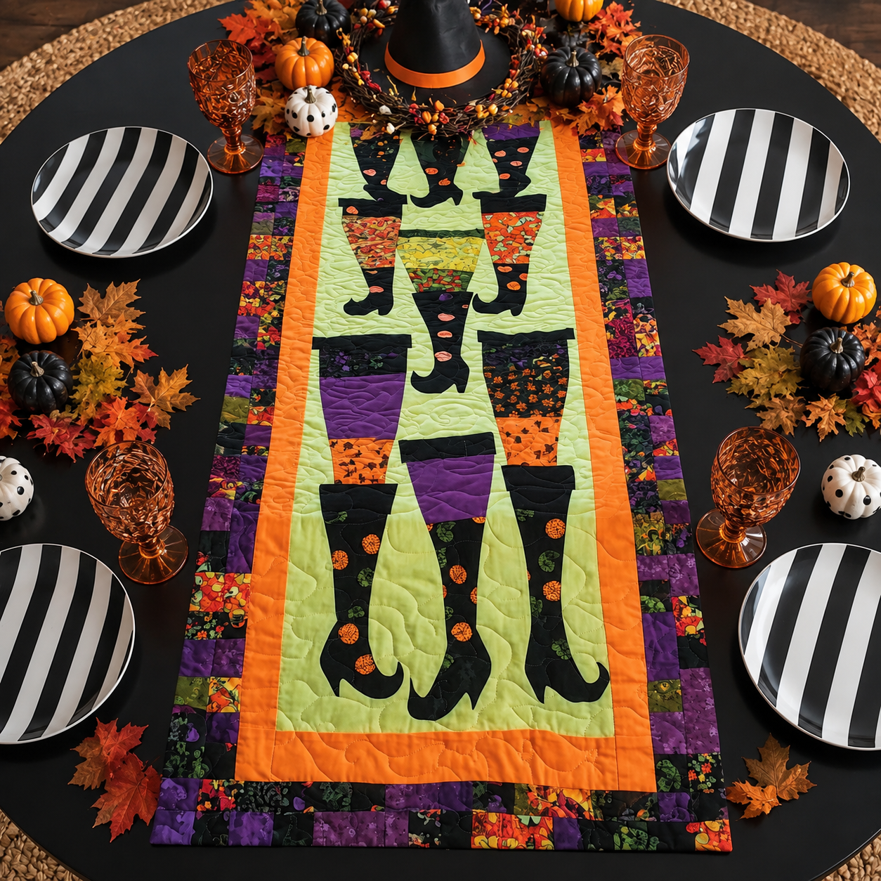 Witch Legs & Boots Patchwork Halloween Quilted Table Runner