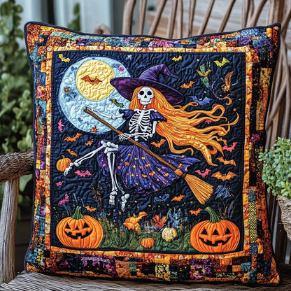 Witch Skeleton Halloween Quilted Pillow Case
