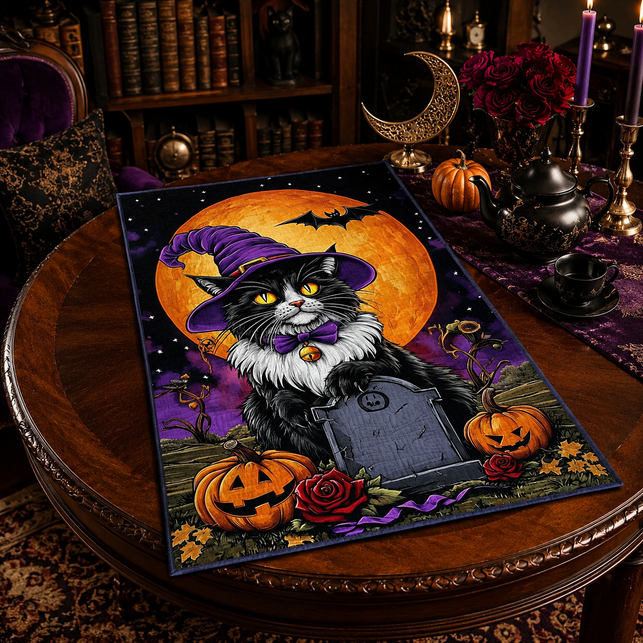 Witch Tuxedo Cat on Gravestone Halloween Quilted Table Runner