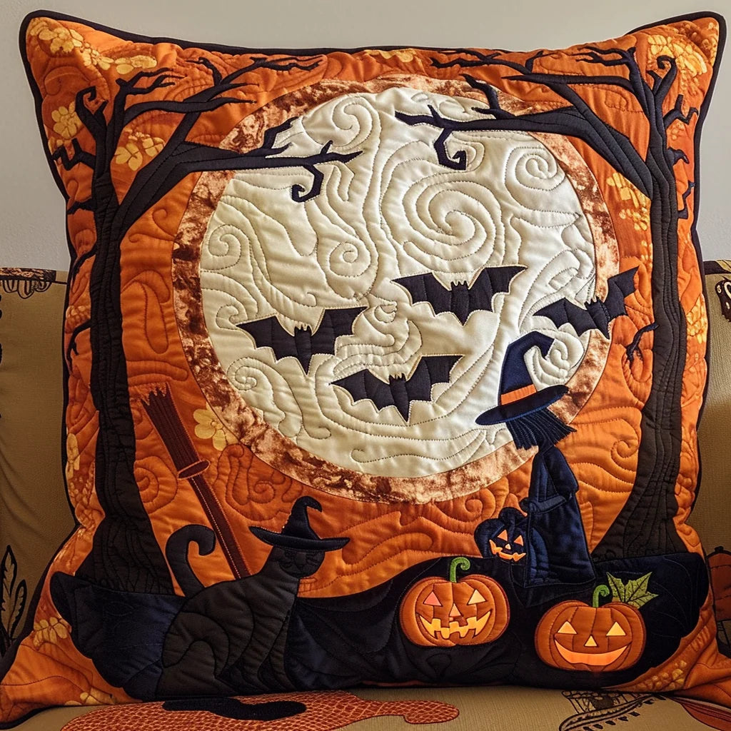 Witch & Black Cat Halloween Quilted Pillow Case