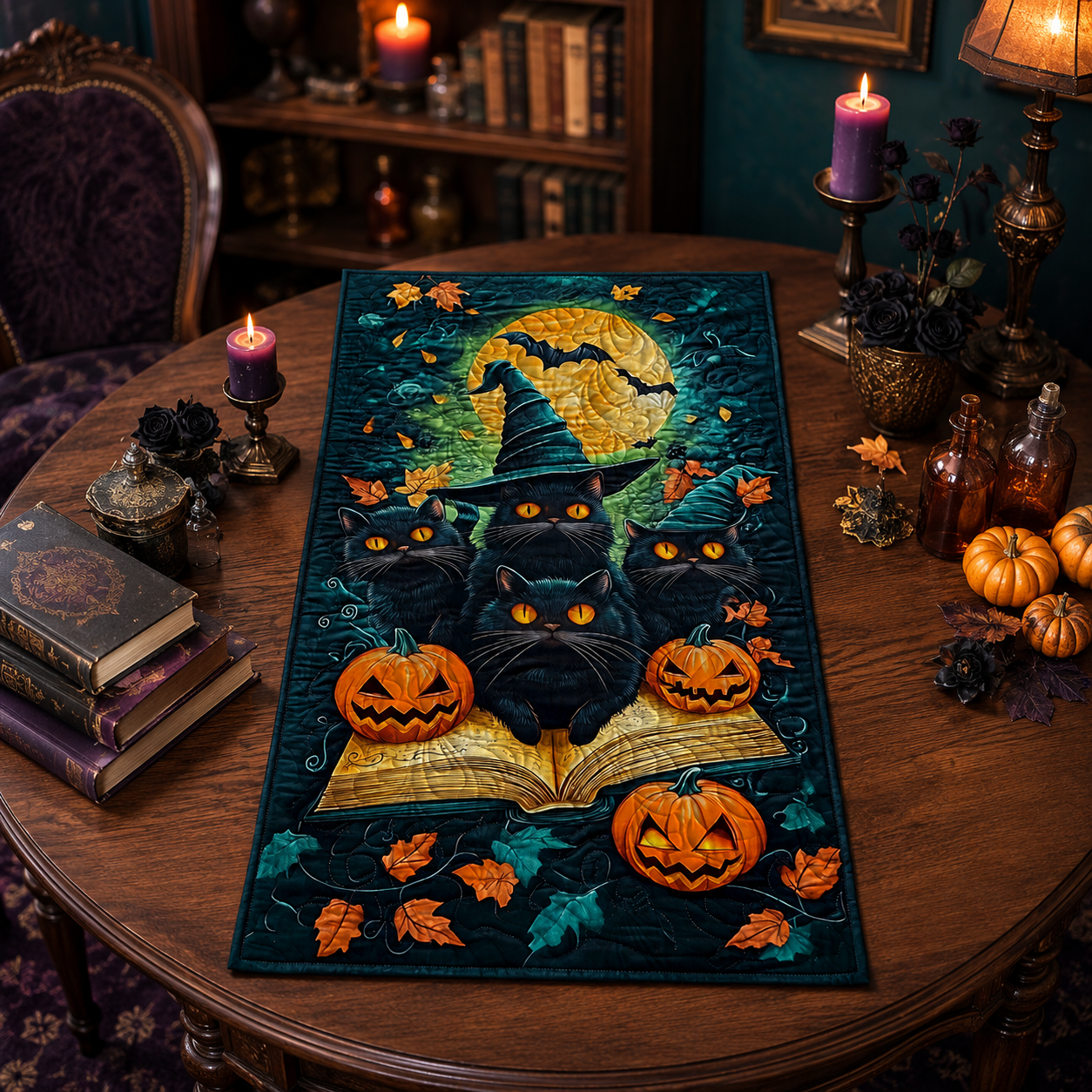 Witchy Black Cats Spell Book & Pumpkin Halloween Quilted Table Runner