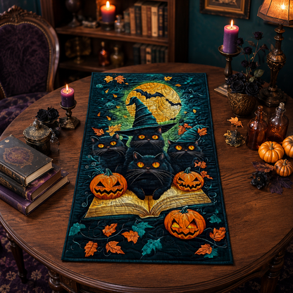 Witchy Black Cats Spell Book & Pumpkin Halloween Quilted Table Runner