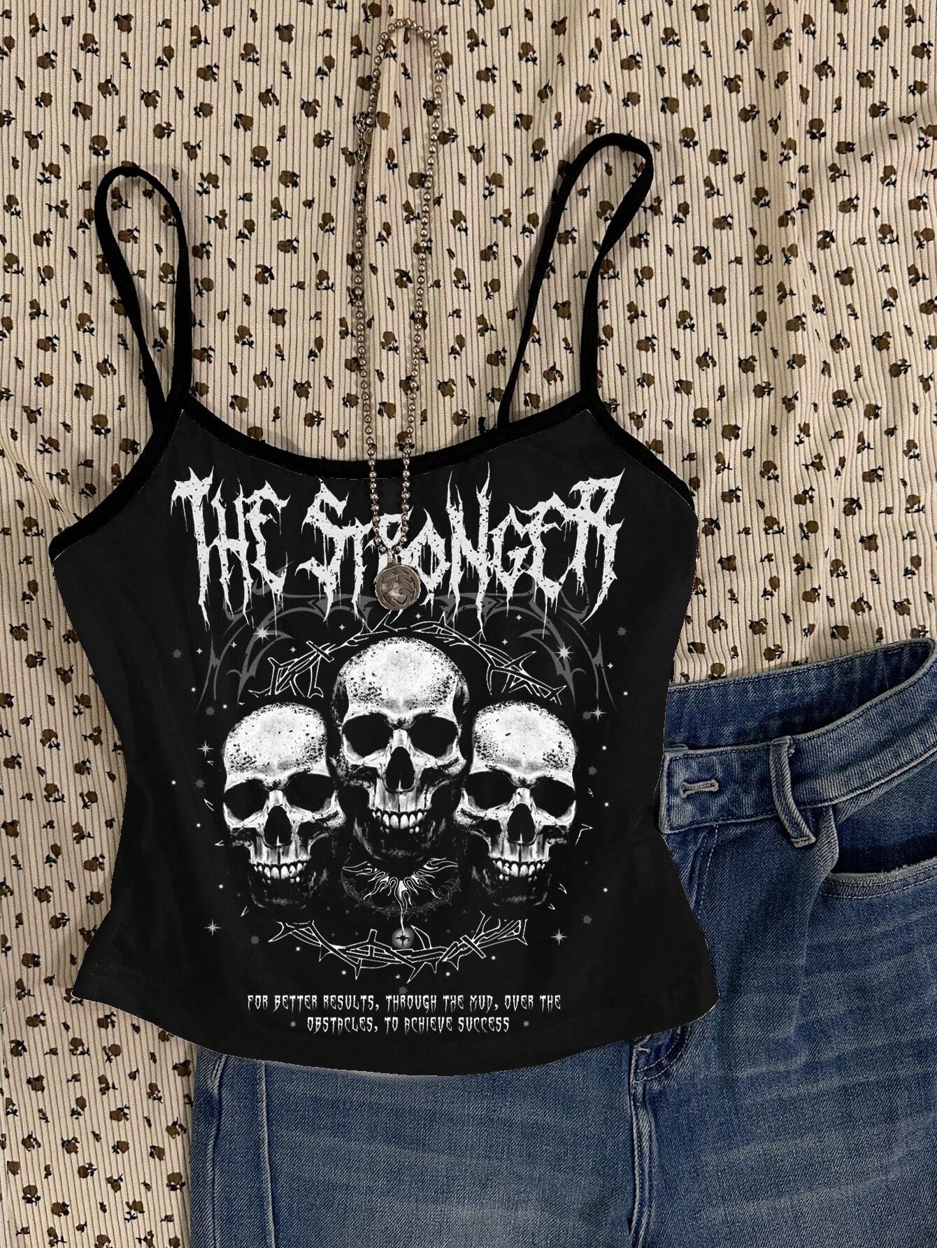 Women Casual Goth Grunge Skull Print Fitted Camisole