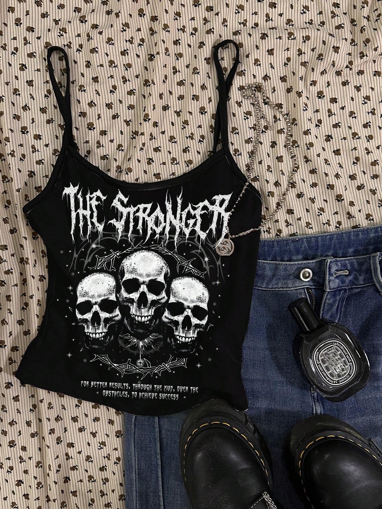 Women Casual Goth Grunge Skull Print Fitted Camisole
