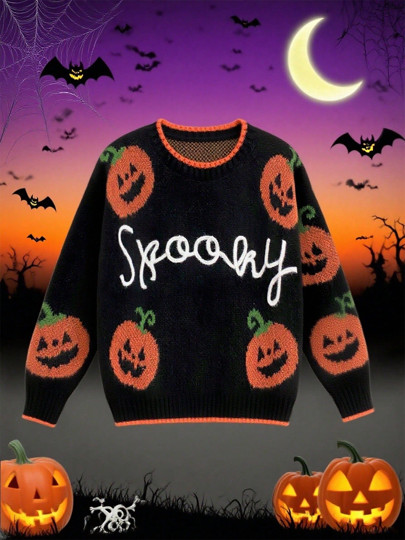 Women Funny Pumpkin Loose Pullover Sweater