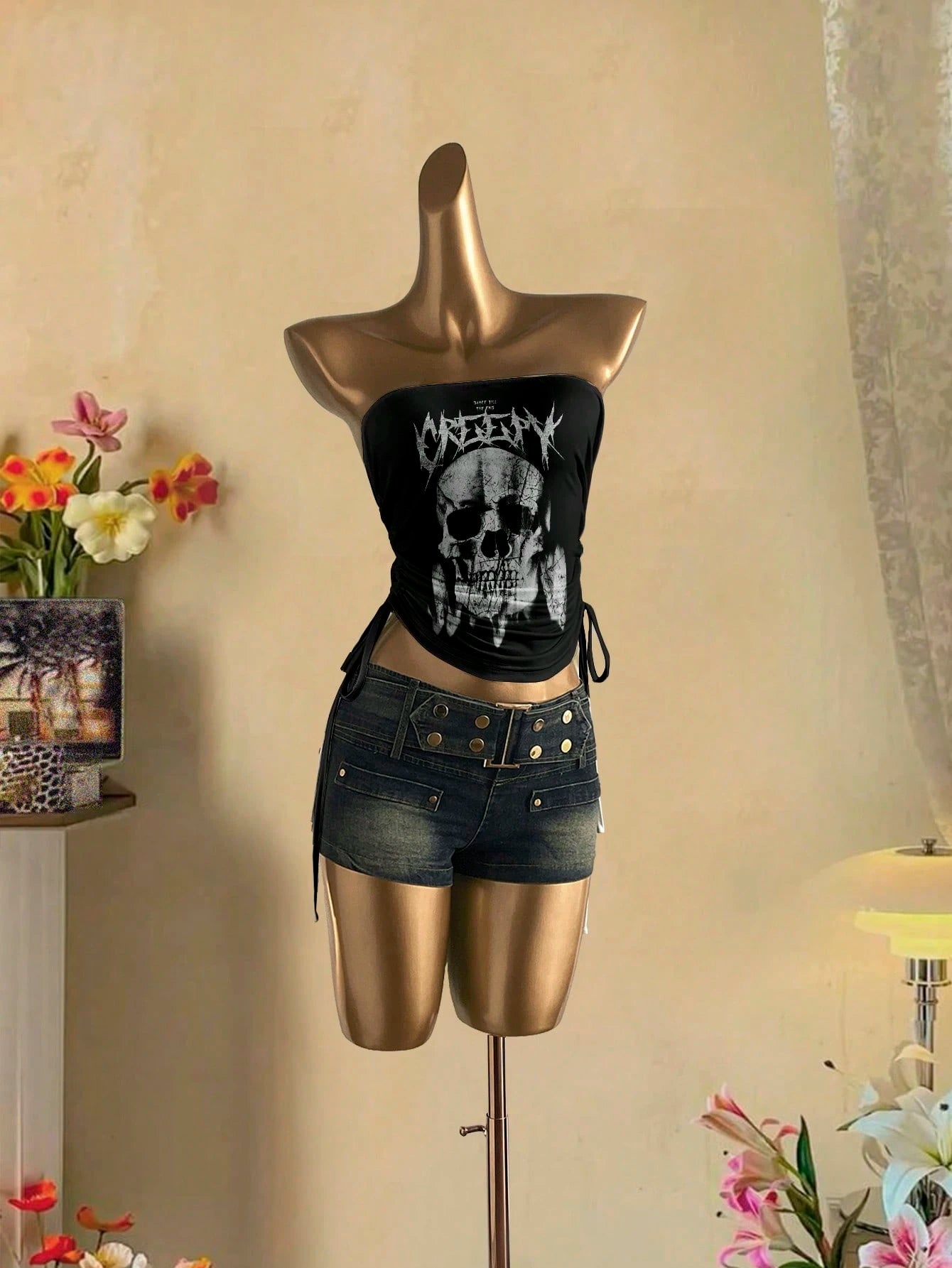 Women Goth Bow Skull Print Gathered Bandeau Tube Top