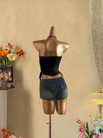 Women Goth Bow Skull Print Gathered Bandeau Tube Top