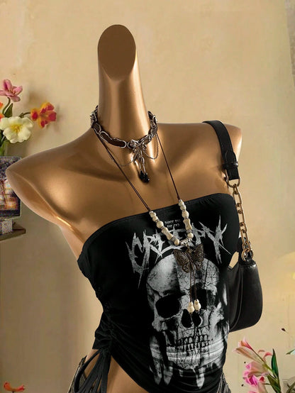 Women Goth Bow Skull Print Gathered Bandeau Tube Top