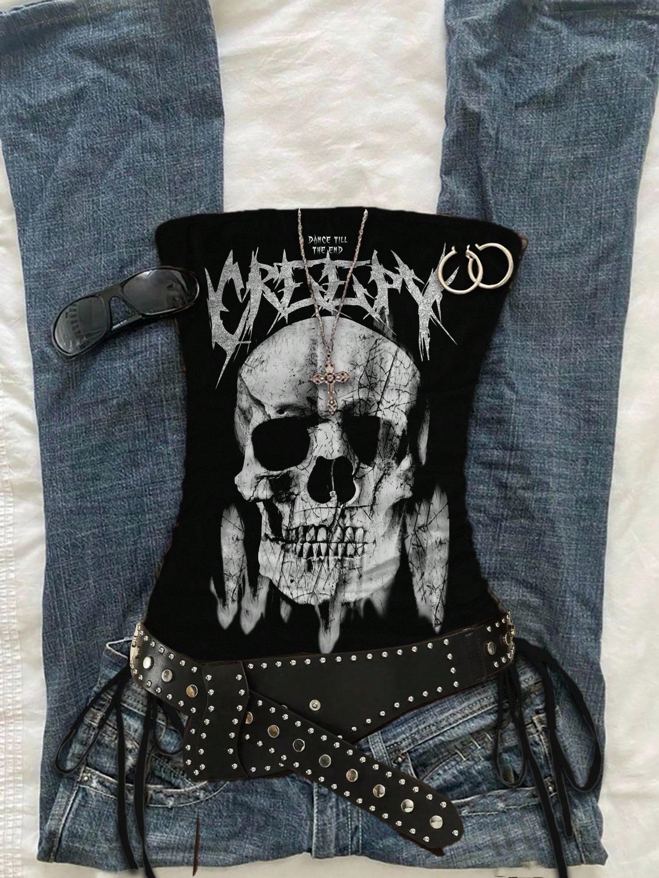 Women Goth Bow Skull Print Gathered Bandeau Tube Top
