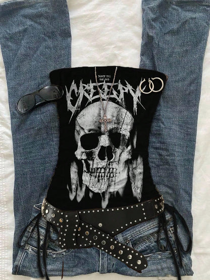Women Goth Bow Skull Print Gathered Bandeau Tube Top