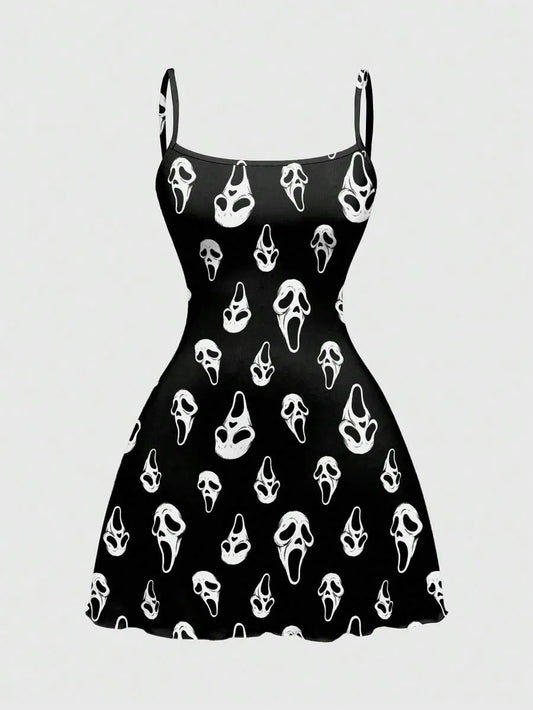 Women Gothic Horror Dark Print Mini Dress