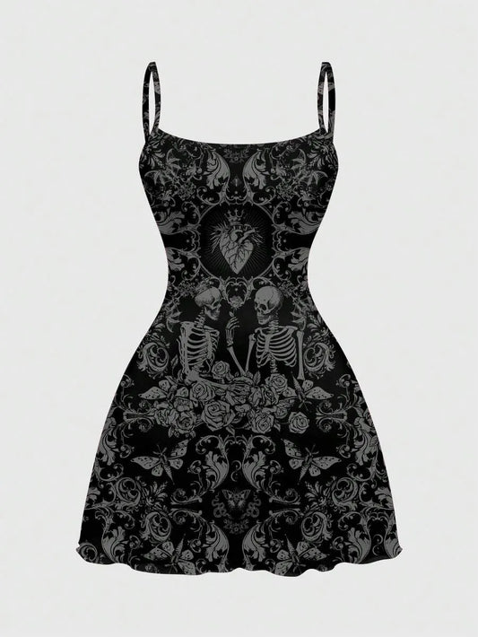Women Gothic Skull Heart Mini Dress