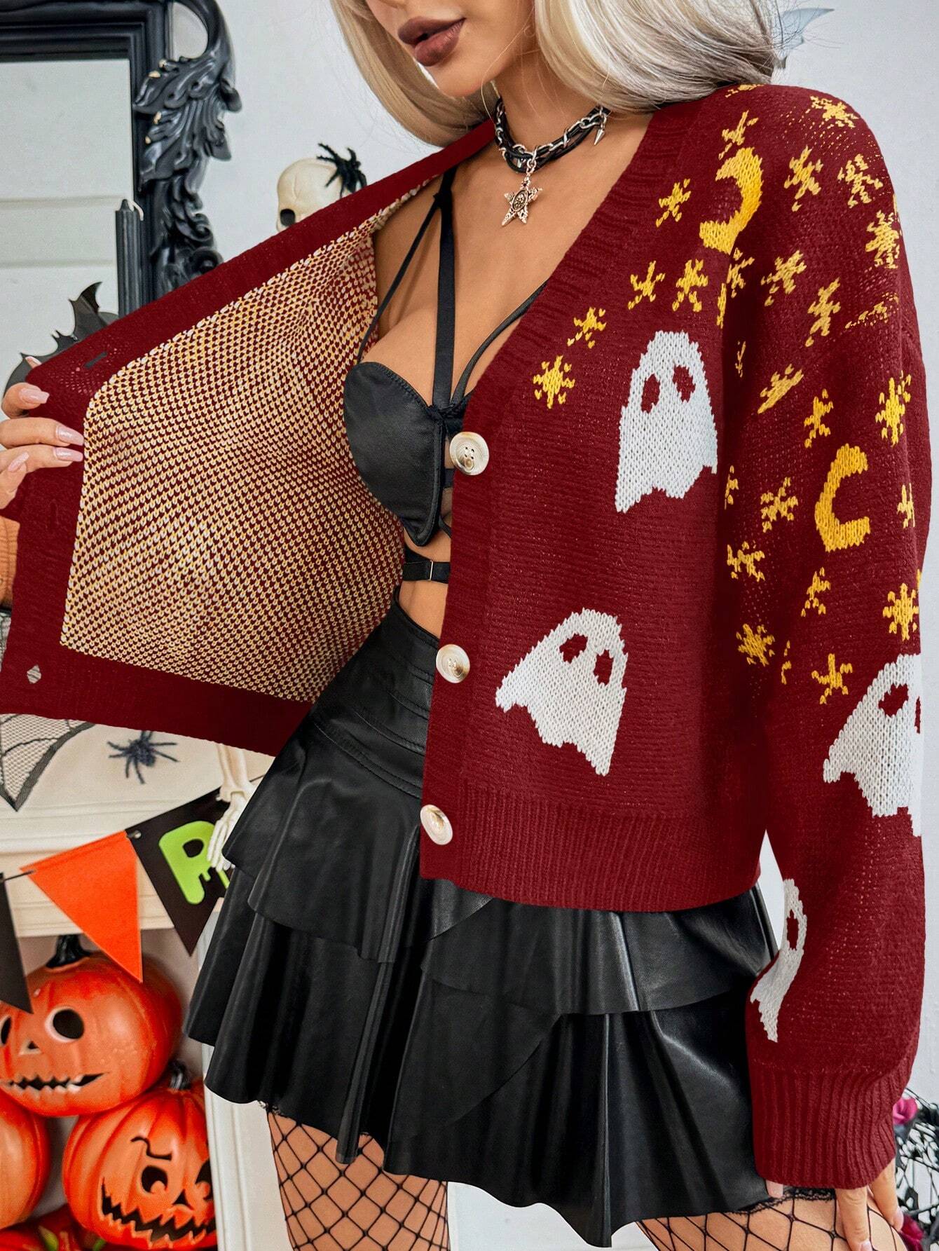 Women Halloween Ghost Moon V-Neck Cardigan