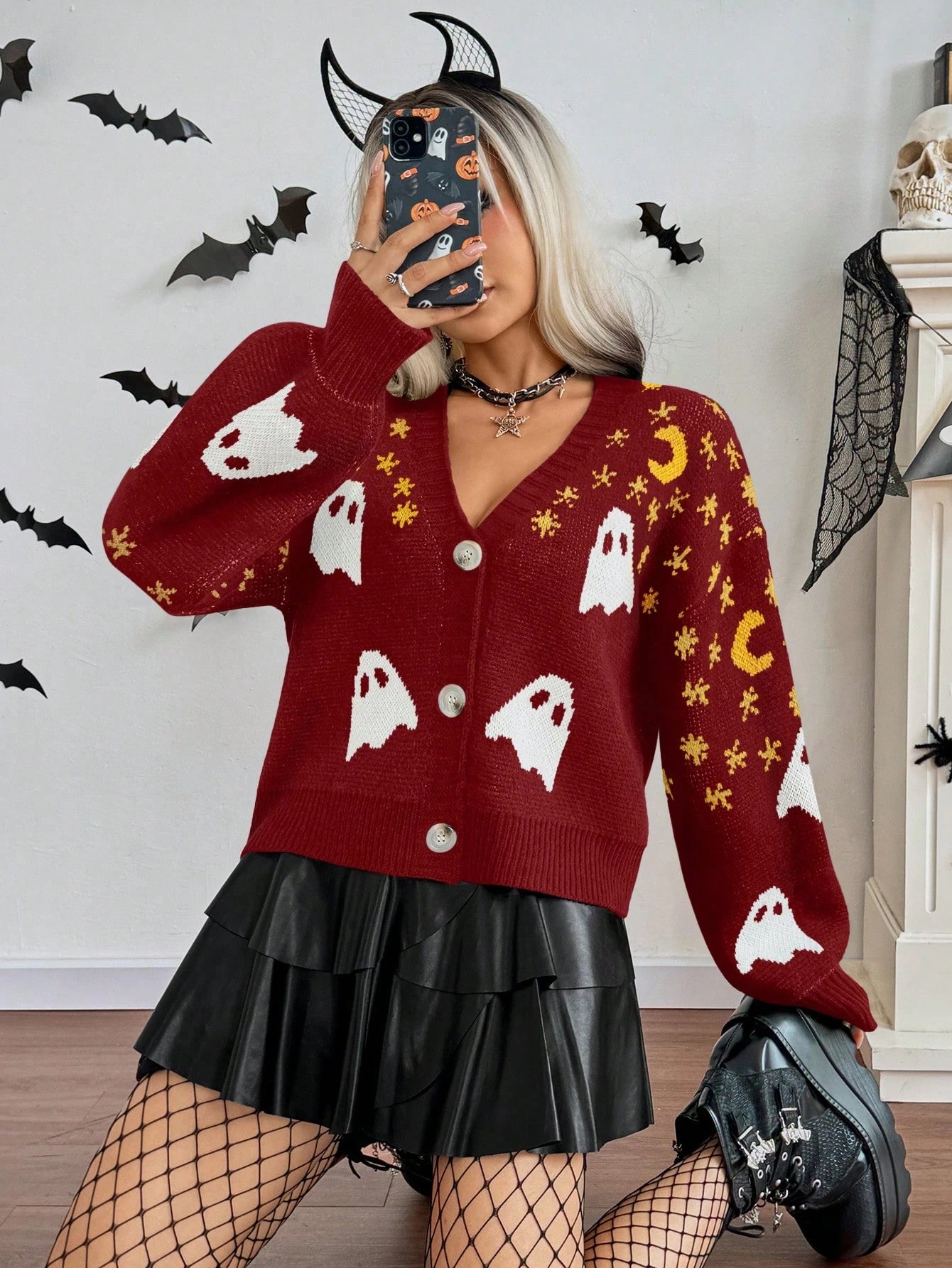 Women Halloween Ghost Moon V-Neck Cardigan