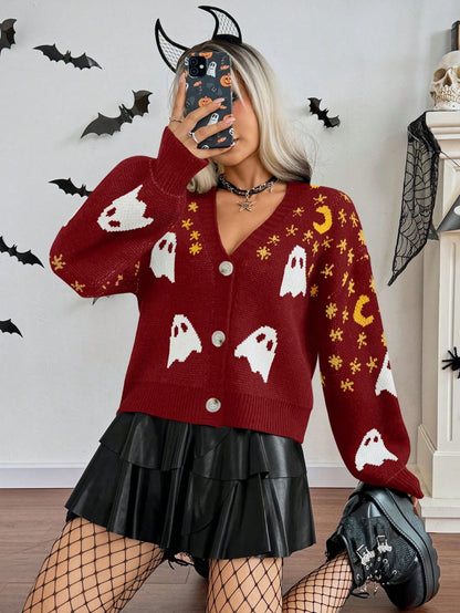 Women Halloween Ghost Moon V-Neck Cardigan