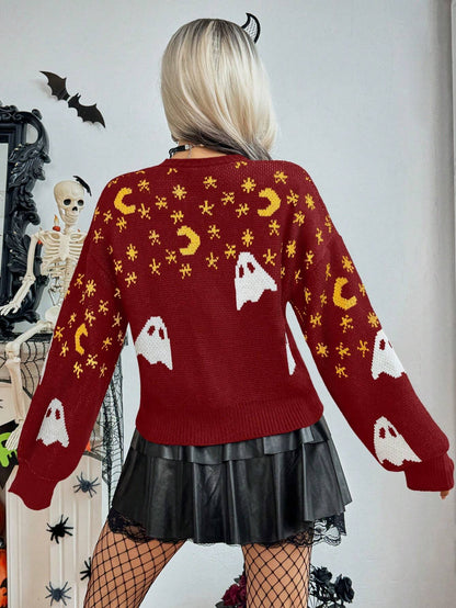 Women Halloween Ghost Moon V-Neck Cardigan