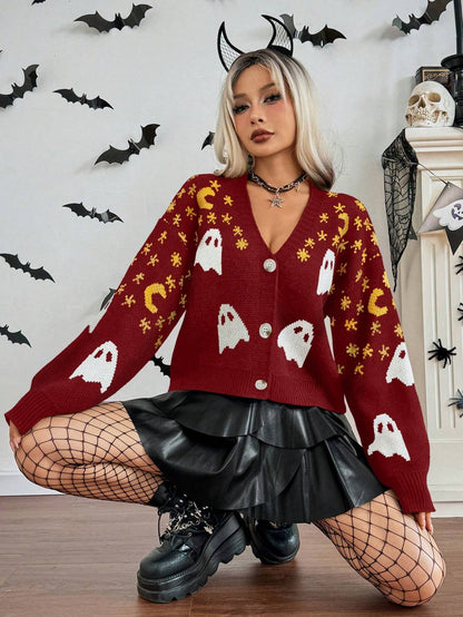 Women Halloween Ghost Moon V-Neck Cardigan