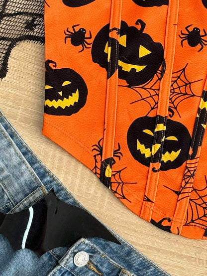 Women Halloween Knit Pumpkin Backless Tank Top