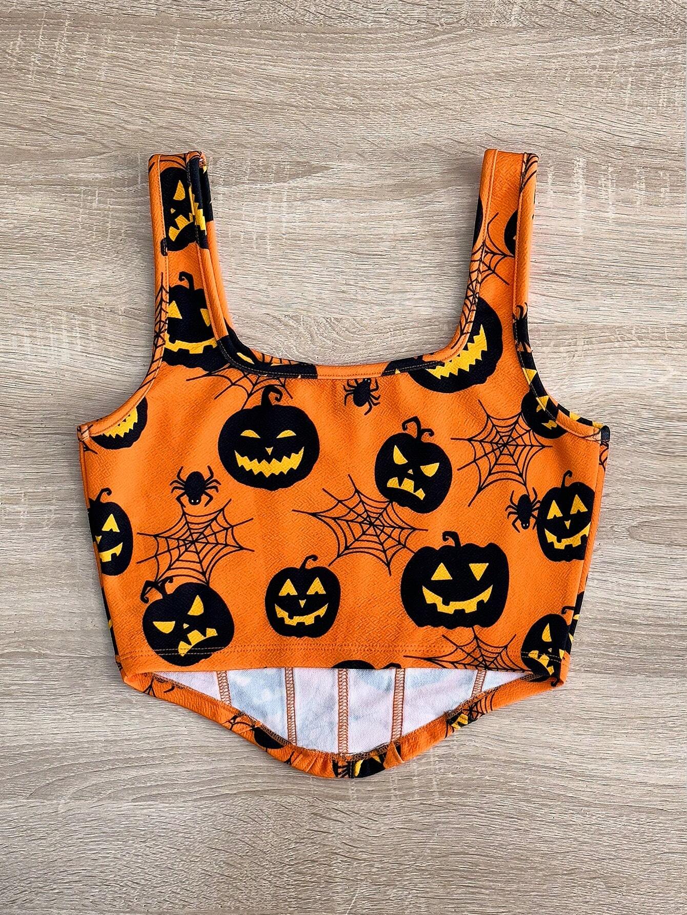 Women Halloween Knit Pumpkin Backless Tank Top
