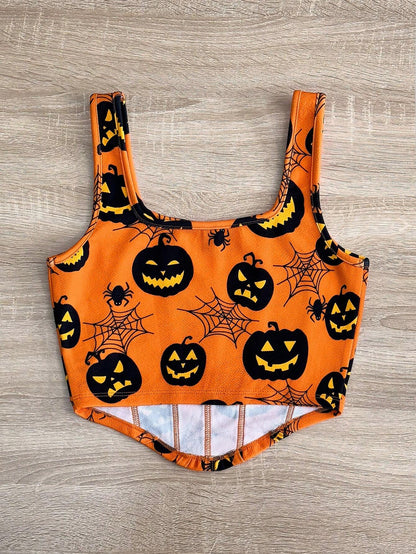 Women Halloween Knit Pumpkin Backless Tank Top