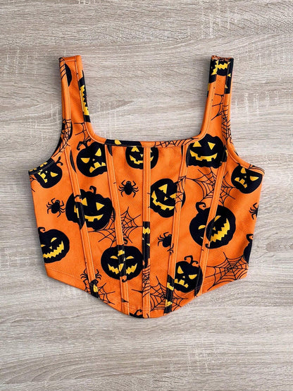 Women Halloween Knit Pumpkin Backless Tank Top