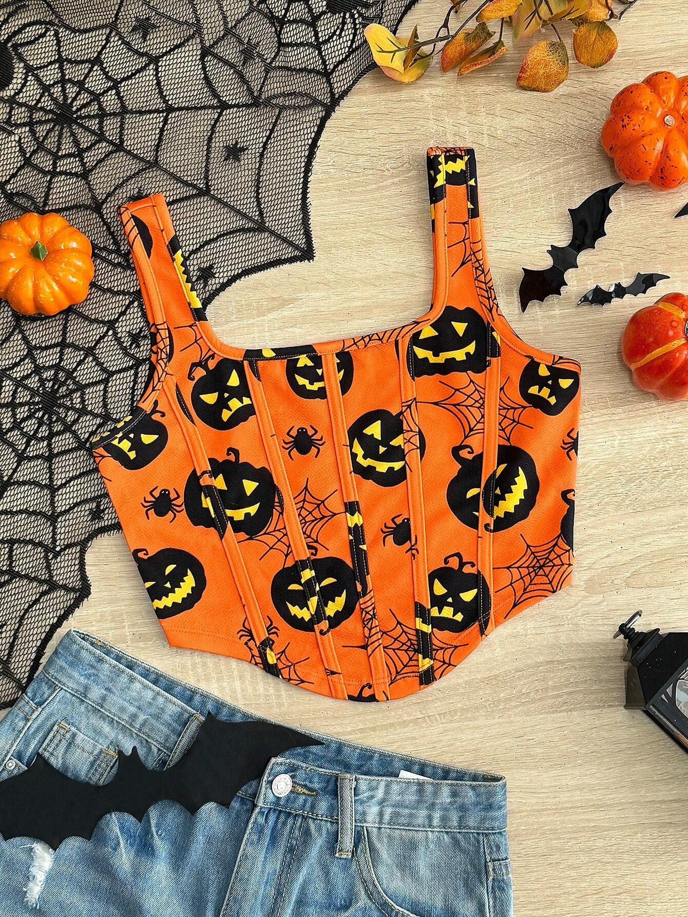 Women Halloween Knit Pumpkin Backless Tank Top