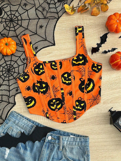 Women Halloween Knit Pumpkin Backless Tank Top
