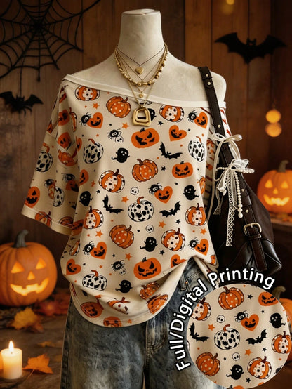 Women Halloween Pumpkin Asymmetrical Tee