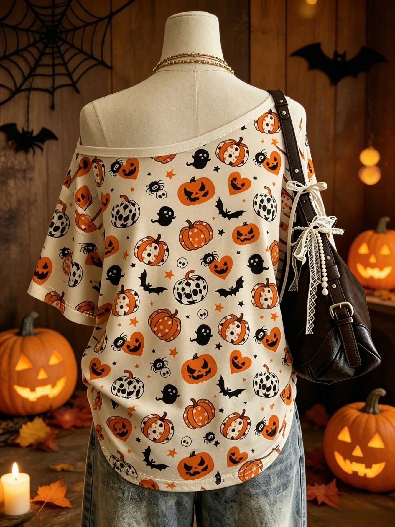 Women Halloween Pumpkin Asymmetrical Tee