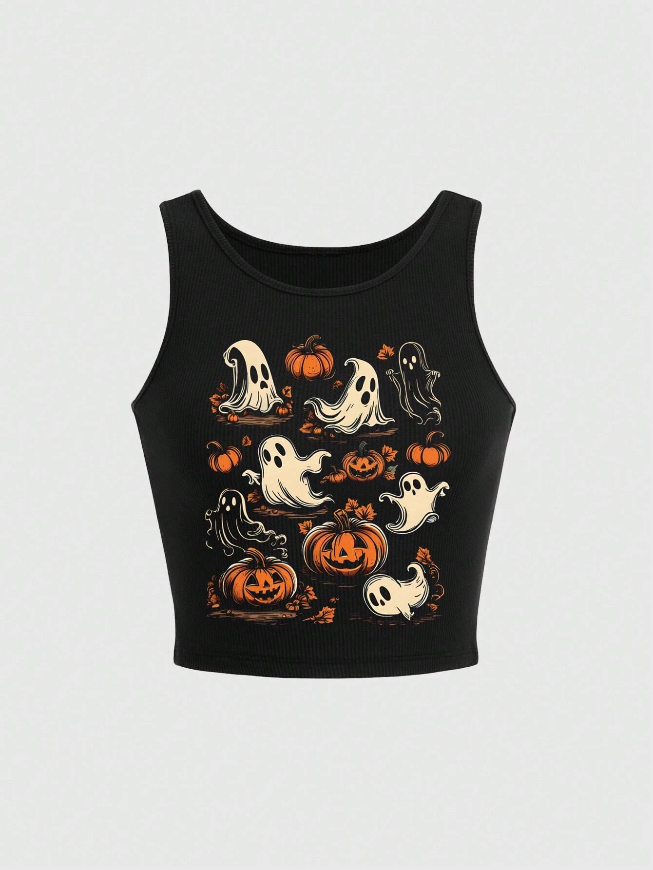 Women Halloween Pumpkin Ghost Print Tight Fit Tank Top