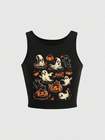 Women Halloween Pumpkin Ghost Print Tight Fit Tank Top