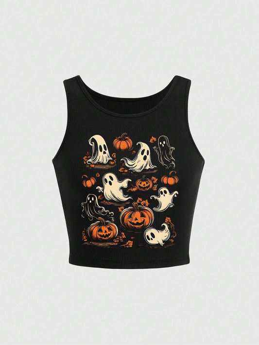 Women Halloween Pumpkin Ghost Print Tight Fit Tank Top