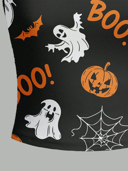 Women Halloween Pumpkin Ghost Spider Black Tank Top